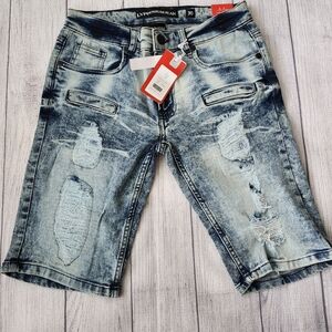 Skinny Fit Distressed Blue Wash Denim Shorts